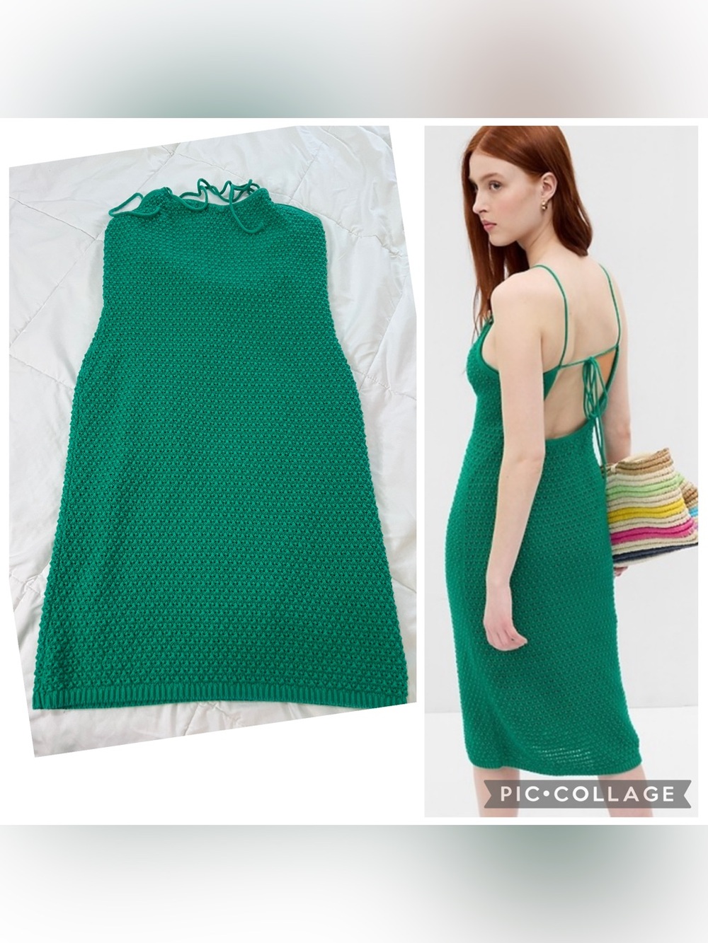 GAP Emerald Green Crochet Backless Slip Strappy Back Midi Dress size MT